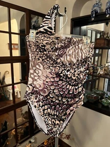 PERRY ELLIS Leopard Print One Shoulder Rouched Bathing Suit Size 12 - Picture 1 of 10
