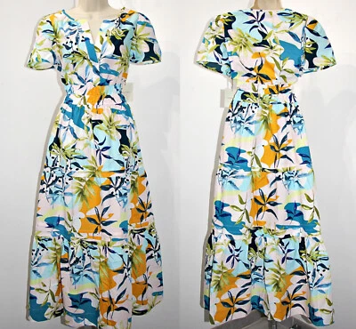 Vestido largo CYNTHIA ROWLEY 100 % algodón estampado floral popover cuello en V en capas 58" 2X Foto 1 de 4