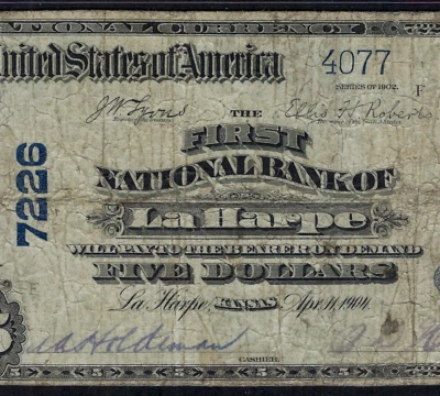 🇺🇸 KS 1902 $5 ♚♚LA HARPE, KANSAS♚♚  PCGS CHOICE FINE 15 HARD TO FIND!!! - Image 1 of 3