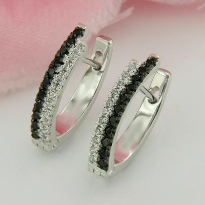 1.80 Ct Round Cut Simulated Black Diamond Hoop Earrings Gift 925 Sterling Silver - Image 1 of 4
