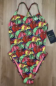 NWT NIKE 30 HydraStrong Lace Up Tie Back Printed Women 4 Red One Piece Swimsuit - Picture 1 of 3