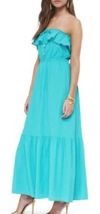 Juicy Couture Women’s XL Blue Ruffle Strapless Gauze Cotton Maxi Dress $188 New - Picture 1 of 5