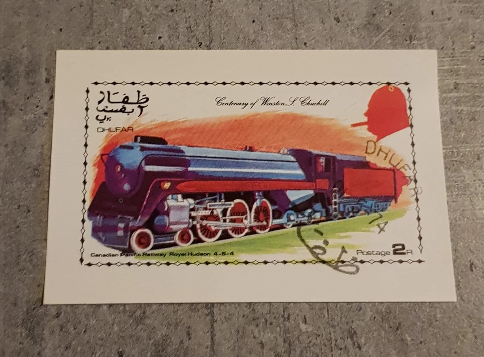 DHUFAR RAILWAY ROYAL HUDSON CENTENÁRIO DE W.CHURCHILL BLOCO IMPERFURADO USADO - Imagem 1 de 1