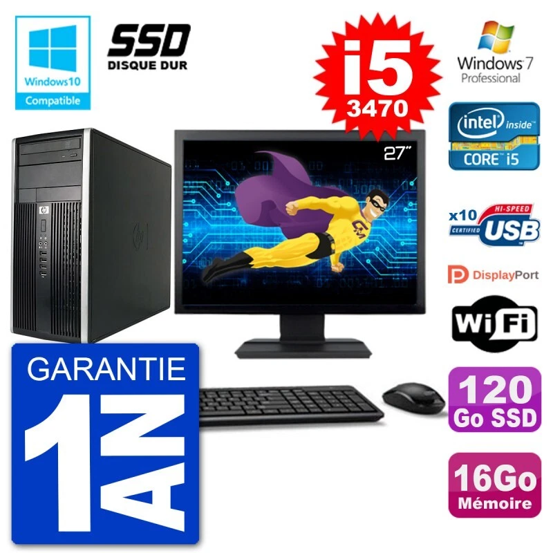 PC HP 6300 MT Ecran 27" Core i5-3470 RAM 16Go SSD 120Go Graveur DVD Wifi W7 - Bild 1 von 1