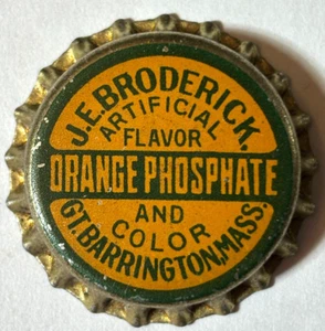 J.E.BRODERICK ORANGE PHOSPHAT SODA FLASCHENVERSCHLUSS BARRINGTON, MA UNBENUTZT FESTER KORKEN - Bild 1 von 2