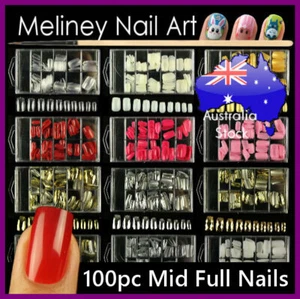 100pc Mid Full Cover Nail Tips Metallic Gold Silver Length False Art - Picture 1 of 15