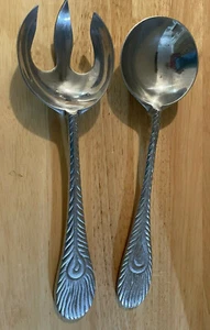 ORNATE METAL SERVING SALAD FORK and SPOON SET PEACOCK FEATHER HANDLE HEAVY  - Picture 1 of 5