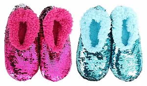~❤️~SLUMBIES Flip Sequin Sherpa Lined KIDS Slippers Girls Pink Blue Sparkly Gift - Picture 1 of 8