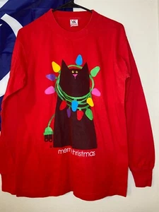 Vintage 1994 Christmas Lights Cat Single Stitch Long Sleeve Heartland Medium - Picture 1 of 5