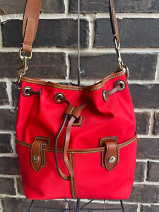NWT $258 Dooney & Bourke Wayfarer Drawstring Bag Red Nylon Leather Strap & Trim