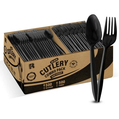1000 Pcs Black Plastic Utensils Set - 500 Forks And 500 Teaspoons, Plastic Fo... - Image 1 of 4