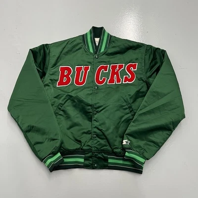 Винтажный 80-х 90-х стартер Milwaukee Bucks NBA зеленый красный атласный Bomber куртка мужская M - Изображение 1 из 4