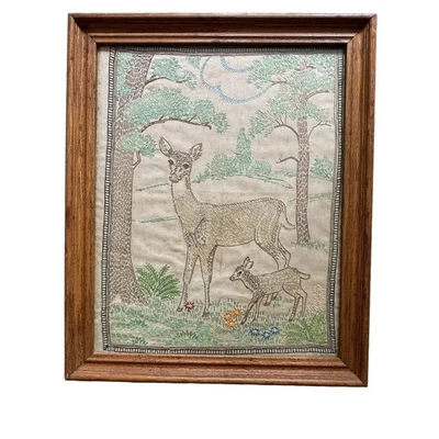 Vintage 1940's Original Handmade Needle Work Doe And Fawn Tapestry Framed 22x 29 - Image 1 of 4