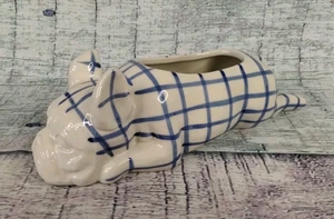 Mark D Sikes Anthropologie Dog Planter French Bulldog W Blue Plaid Stripes 9.5” - Picture 1 of 13