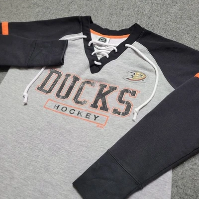 Anaheim Ducks Sweater Womens Medium Gray Black Orange NHL Lace V Neck Sweatshirt - Image 1 of 4