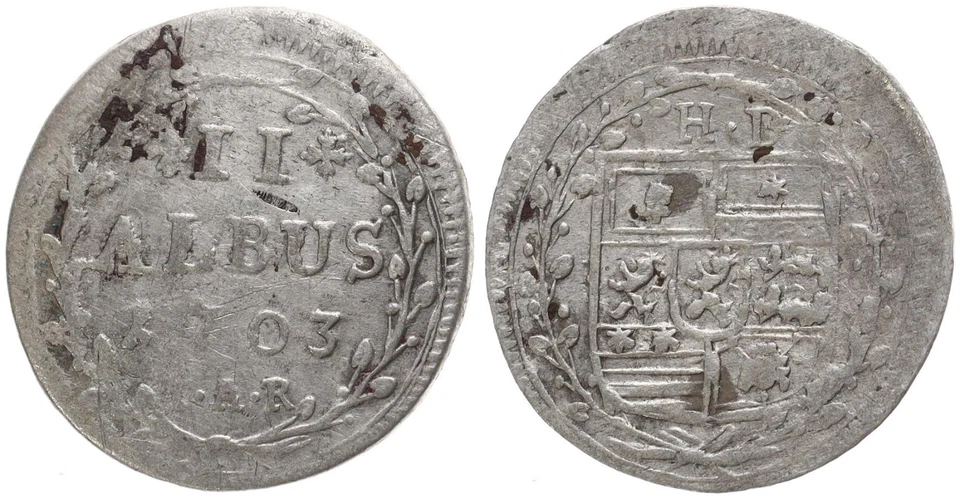 Old German States - Hesse - Darmstadt 2 Albus 1703 Silver,1.89g,Ø 22.29mm Km#82 - Image 1 of 1