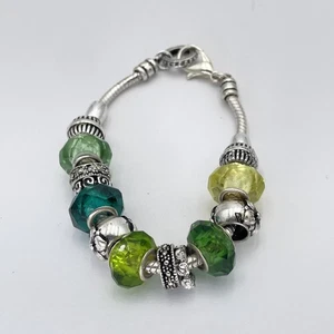 Grün Gelb Glasperlen Bettelarmband Silberfarben Schlangenkette Karabinerverschluss - Bild 1 von 7