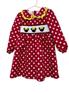 Minnie Mouse Girls Smocked Long Sleeve Lightweight Dress Size M-4 Red White Dot - Picture 1 of 3