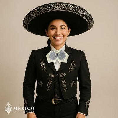 Beige Mexican Charro Moño with Silver Horse Embroidery Traditional Bow Tie - Image 1 of 3
