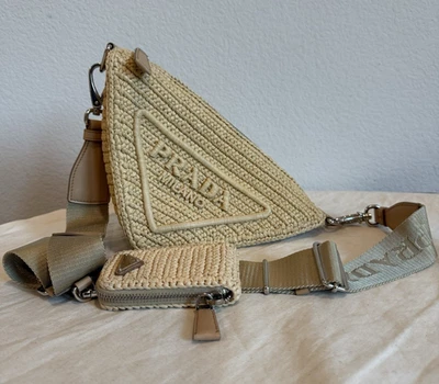PRADA Yarn Raffia Effect Crochet Triangle Shoulder Bag Naturale - Image 1 of 4