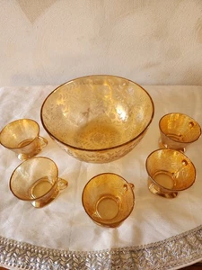 Vintage 6 Stück Bernstein/Pfirsichfarben Bowle Schüssel Set - Bild 1 von 8