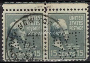 Perfins USA 1938, Sc820 2x 15c James Buchanan. Used NYTCo - Picture 1 of 3