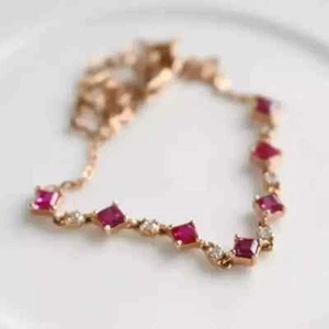 4.00Ct Princess Cut Lab-Created Ruby Women Tennis Bracelet 14K Rose Gold Plated - Picture 1 of 5