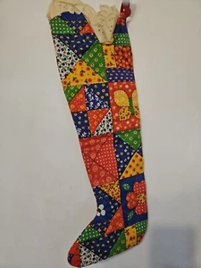 Medias de Navidad Kitsch multicolores vintage años 70 hechas a mano 19" X 6" borde de encaje - Imagen 1 de 13