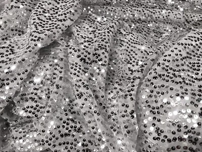 White Silver Stretch Sequins  Embroidery Lace Fabric 50” Width Sold By The Yard - Image 1 of 4