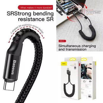 Baseus 2A быстрая зарядка тип C кабель пружина телескопическое автомобильное зарядное устройство для телефона USB - Изображение 1 из 4