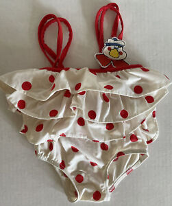 Vtg Carter's Toddler White w/ Red Polka Dots Ruffles  Swim Suit Size 18 mo Duck