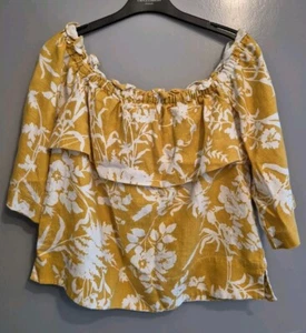Whistles Size 12 Mustard & White Off Shoulder Short Sleeve Linen Blouse Great - Picture 1 of 5