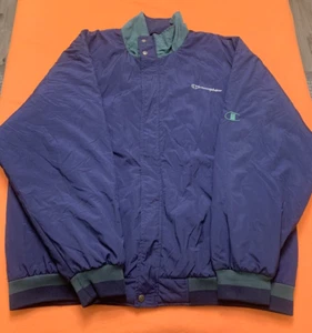Vintage Champion Blue/Green Spellout Script Puffer Winter Coat Jacket X-Large - Picture 1 of 12