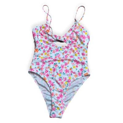 BOOHOO Mujer Blanco Rosa Floral Control Abdomen Frontal Torsión Recorte Una Pieza Natación Foto 1 de 4