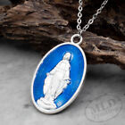 Stainless Steel Virgin Mary 1.6In Blue Miraculous Medal Pendant Necklace Womens
