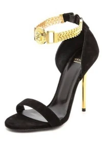 Versace Embellished Black Suede Ankle Strap Sandals - Picture 1 of 9