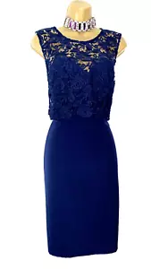 Lipsy Navy Blue Pencil Dress Size 12 Lace Party Midi Evening Wedding Occasion - Picture 1 of 16