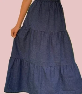 Girl skirt tiered ltwt blue jean denim stripe cotton long full modest sz L 12 14 - Picture 1 of 3