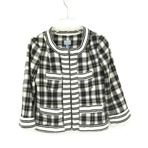 Plenty Tracy Reese Womens Plaid Bomber Jacket Sz 2 Black Cream Round Neck - Picture 1 of 5