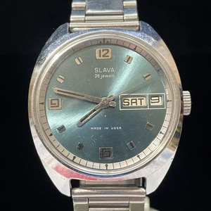 Vintage Slava 26 jewels Day Date Blue Dial Mechanical Soviet Era Mens Watch USSR - Picture 1 of 9