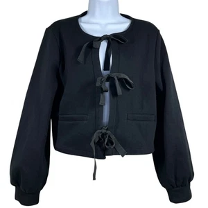 & Other Stories Tie Front Fleece Cardigan Sz M Black Cropped Ballon Sleeve Cozy - Picture 1 of 8