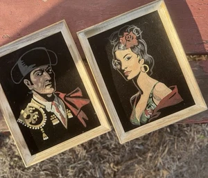 Vintage Spanish Matador And His Mistress Framed Velvet Paintings Art Picture - Bild 1 von 9