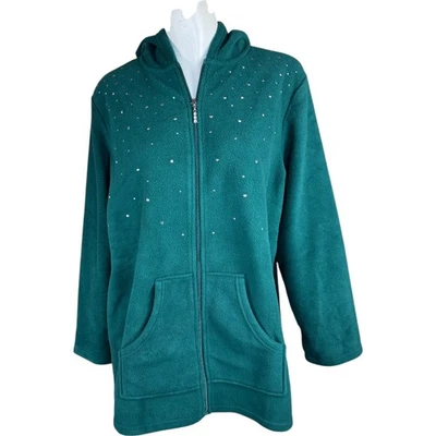 Quacker Factory Embellished Fleece Zip Front Jacket Evergreen Medium NWT - Image 1 of 4