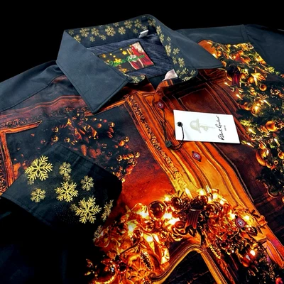 Robert Graham Embroidered Christmas Fireplace Cocktails Geometric Shirt XL $299 - Image 1 of 4