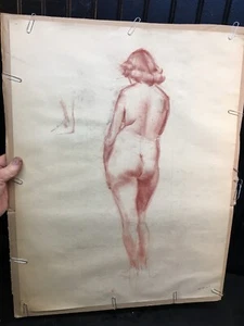 Vtg Charcoal Red Pencil Art DRAWING SKETCH Portrait Nude Woman Standing 22x17in - Picture 1 of 3