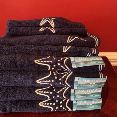 NWT Nautica 8pc Navy Blue 100% Cotton Captains Starfish Towel Set Coastal Beach - Image 1 of 4