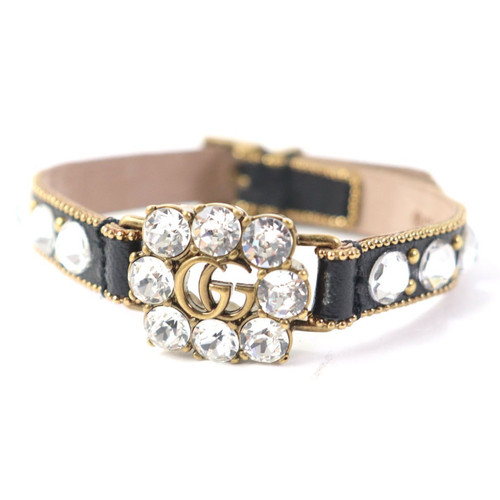 GUCCI Bracciale Pelle Doppia G Girocollo Pelle Nero Strass