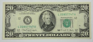 Series 1990 Green Seal $20 FRN L Dist SF Choice CU Fr#2077-L Serial # 7's & 2's - Picture 1 of 4
