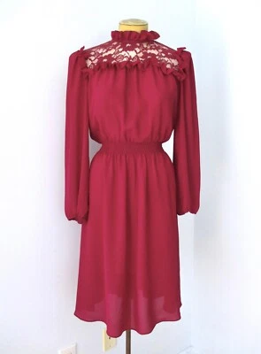 Vestido Secretaria De Colección Años 70 Rojo Borgoña Poli Chifón Cuello Alto Transparente Encaje Yugo 11 Foto 1 de 4