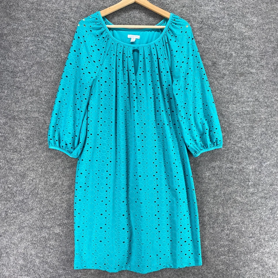 Vestido London Times Mujer 12 Azul Cambio Geométrico Midi Forrado Crochet Manga Larga Foto 1 de 4